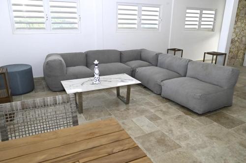 泰尔斯贝斯delightful vacation Villa Crystal St Martin的客厅里有一张沙发和一张桌子。