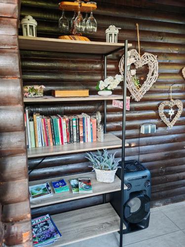 a book shelf with books and a heart on it at Challet Bella in Poljanica Bistranska