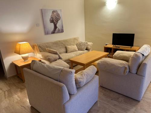 a living room with two couches and a television at Seaview apartment with roof terrace in Kalecik