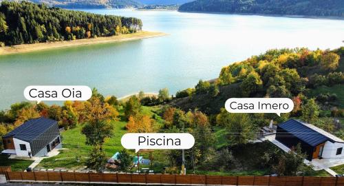 a collage of photos of a lake and houses at Moon Lake Bicaz - Casa Imero in Buhalniţa