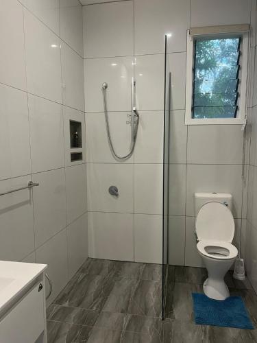 a white bathroom with a shower and a toilet at Drydens Creek Retreat in Ngatangiia