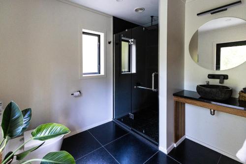 a bathroom with a shower with a sink and a mirror at The Hideout in Mangawhai