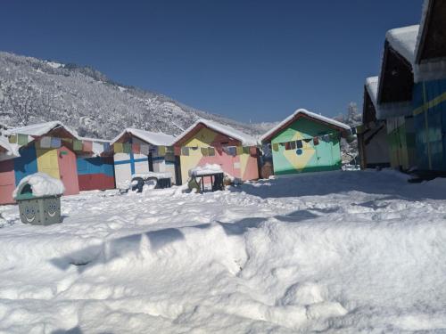 a group of houses in the snow with a pile of snow at Soma Caves in Kulu