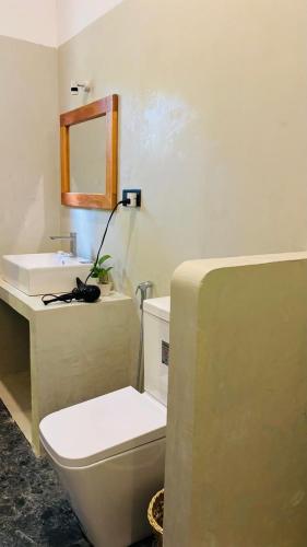 a bathroom with a toilet and a sink and a mirror at Mount Side Hiriketiya in Hiriketiya