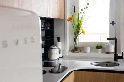 un comptoir de cuisine avec un évier et une fenêtre dans l'établissement 1 bedroom apartment plus mezzanine, à Chamonix-Mont-Blanc