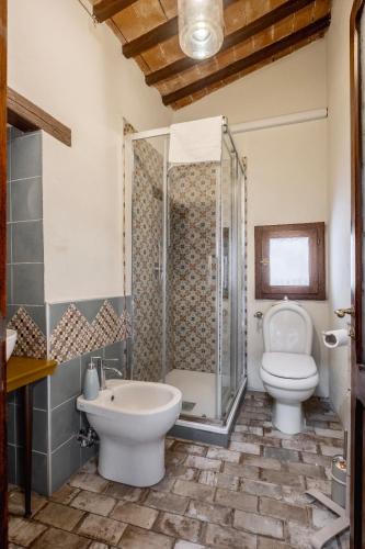 a bathroom with a toilet and a sink and a shower at La soffitta nel Bastione in Pitigliano