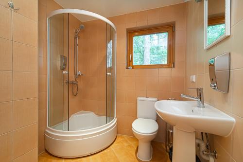 a bathroom with a shower and a toilet and a sink at Villa Green in Molėtai