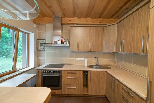 a kitchen with wooden cabinets and a sink at Villa Green in Molėtai