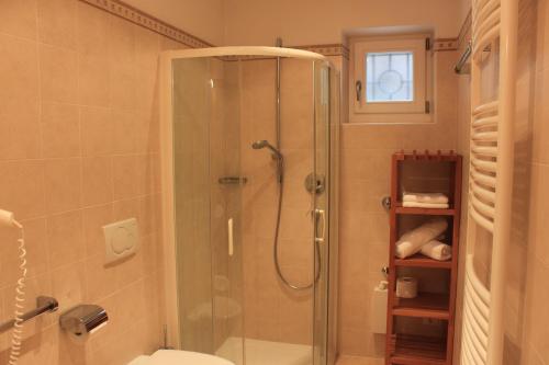 a bathroom with a shower with a glass door at Apartments Goller in Ortisei