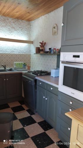 La cuisine est équipée de placards bleus et d'un four micro-ondes blanc. dans l'établissement maison de campagne, à La Roque-sur-Cèze