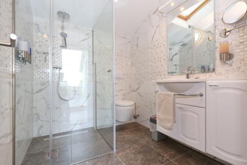 a bathroom with a shower and a sink and a toilet at Apartment ErMa in Zaton