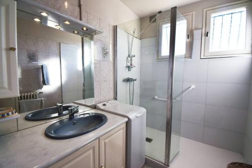 une salle de bain avec un lavabo et une douche dans l'établissement Maison pour 5 personnes à la campagne, à Blanquefort-sur-Briolance