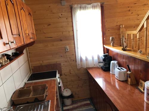 a kitchen with a counter with a sink and a window at Gergely Attila Vendégház in Izvoare