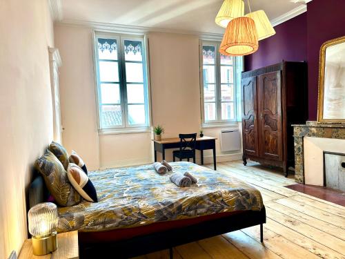 une chambre avec un lit et une cheminée dans l'établissement Grand Appartement Standing Lit King Size Capitole, à Toulouse