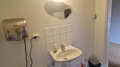a bathroom with a sink and a mirror on the wall at Charlottsborgs Camping och Vandrarhem in Kristianstad
