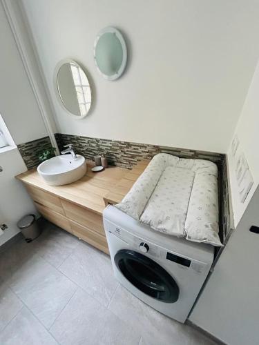 - un lit dans une salle de bains pourvue d'un lavabo et d'un lave-linge dans l'établissement Le clos du Tilleul - charme en hyper centre, à Caen