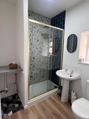 a bathroom with a shower and a sink at The Nest at Alnwick in Alnwick