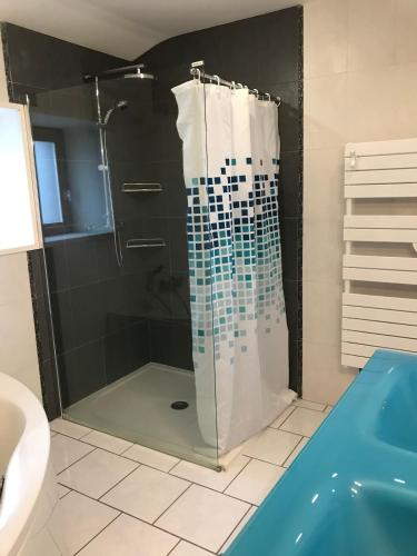 une salle de bain avec une douche avec une porte vitrée dans l'établissement Maison au coeur de l Auvergne pour 15 personnes, à Mareugheol