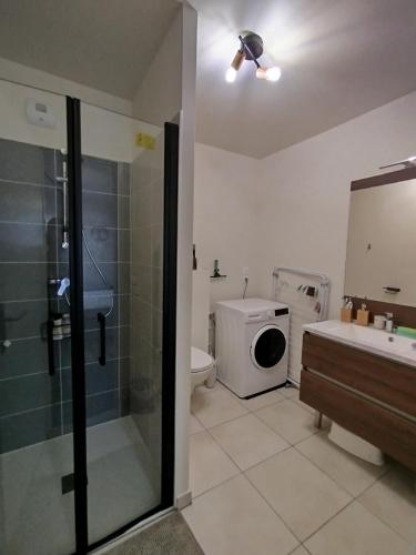 une salle de bain avec une douche, des toilettes et un lavabo dans l'établissement Le Cosy ZEN des SABLES, à Mimizan-Plage