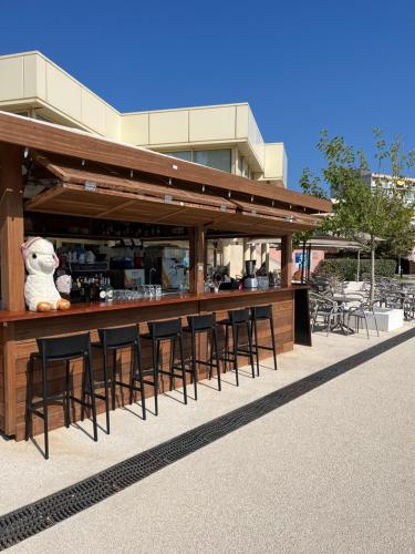 a bar with a teddy bear sitting at the counter at Résidence Kaliopé in Le Lavandou