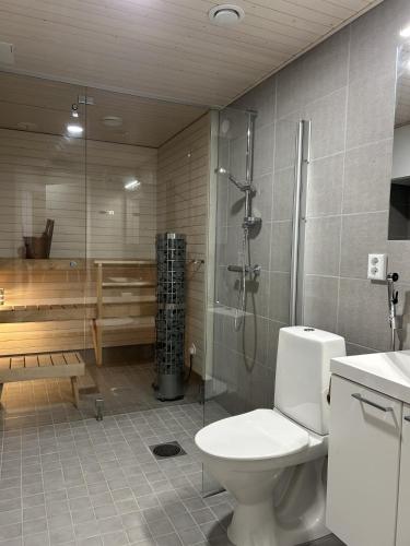 a bathroom with a shower and a toilet and a tub at Aurora suites with AIR CONDITIONING in Rovaniemi