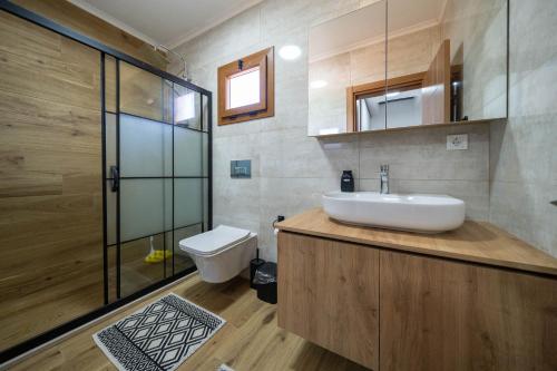 a bathroom with a sink and a toilet at Villa Türkoğlu Akyaka Kuyucak Daily Weekly Rentals in Mugla