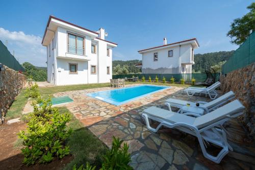 a villa with a swimming pool and a house at Villa Türkoğlu Akyaka Kuyucak Daily Weekly Rentals in Mugla
