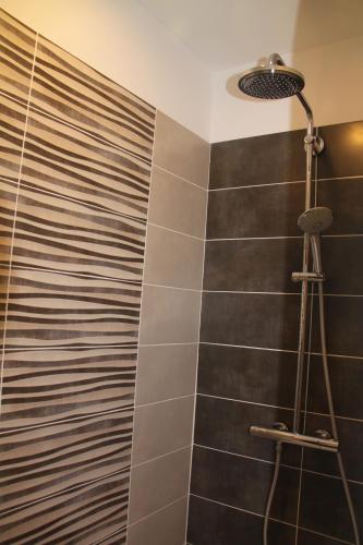 La salle de bains est pourvue d'une douche avec du carrelage noir. dans l'établissement Suite Fleur de Cerisier, à Gordes