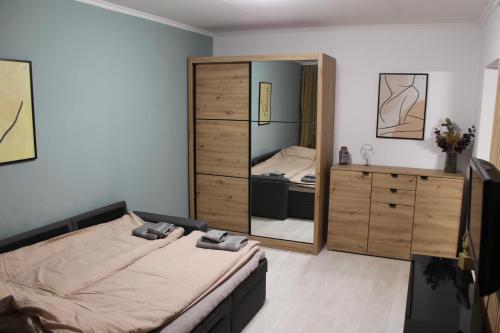 Un dormitorio con una cama y un espejo grande. en Tristan`s Home, en Sfântu-Gheorghe