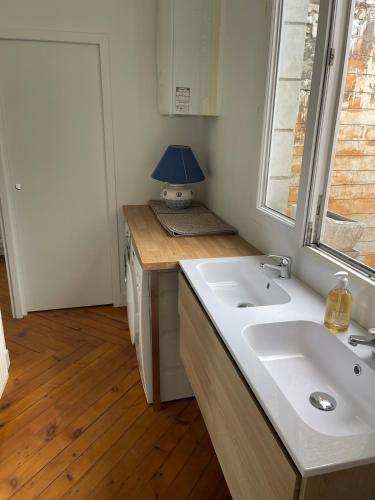 La salle de bains est pourvue d'un lavabo et d'une lampe sur un comptoir. dans l'établissement Appartement Hypercentre vue Cathédrale, à Rouen