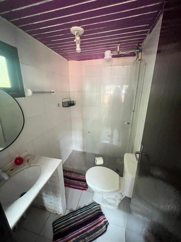 a bathroom with a white toilet and a sink at O Maior hostel da Lagoa in Florianópolis