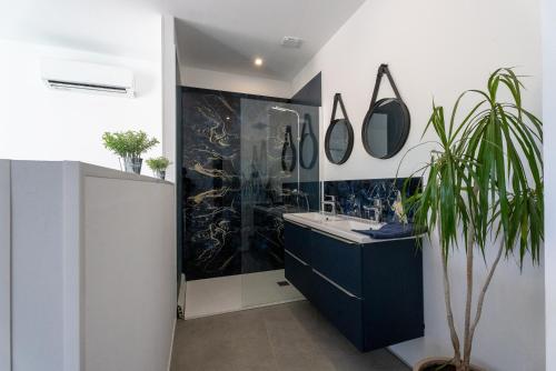 une salle de bain avec un lavabo et une douche dans l'établissement Villa Luxe & Éco -Rêve et Nature Pool et Spa, à Roquebrune-sur Argens