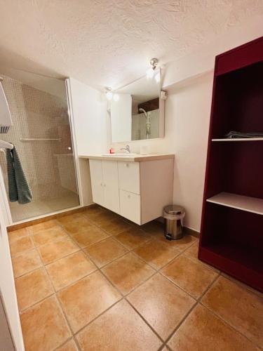 une salle de bain avec une douche, un lavabo et un miroir dans l'établissement Villa indépendante dans un domaine privé 25 minutes de Cannes, à Fréjus