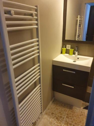 une salle de bain avec un lavabo et un miroir dans l'établissement Aux Angles superbe studio refait à neuf et très bien équipé, aux Angles