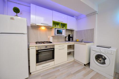 a kitchen with white cabinets and a washer and dryer at Bucharest Accommodation Apartments in Bucharest