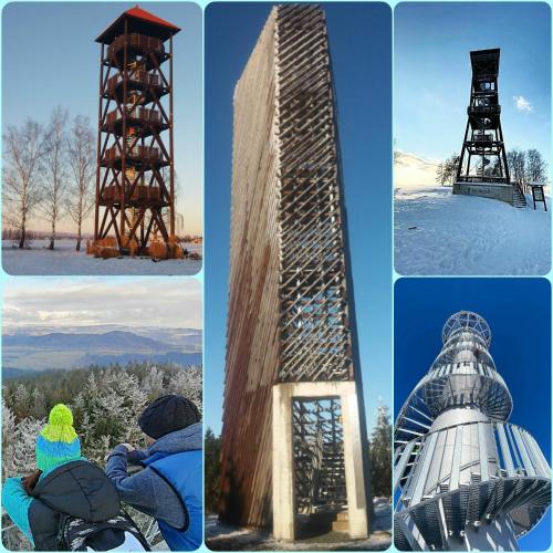 a collage of four pictures of a tower at Na Statku Babiččino údolí in Česká Skalice