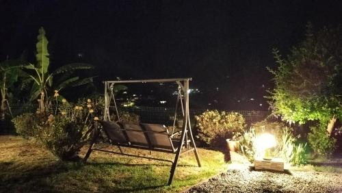 a swing in a yard at night with a light at Au Coeur du Paradis in Cilaos