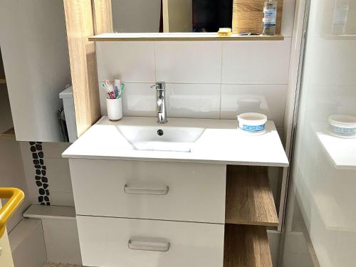 une salle de bain avec un lavabo et un miroir dans l'établissement Studio climatisé avec piscine et parking à 20m de la mer - FR-1-607-75, au Cap d'Agde