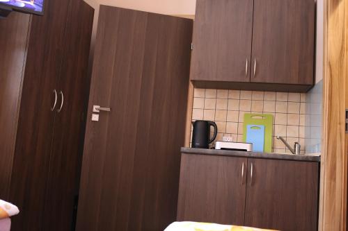 a small kitchen with wooden cabinets and a sink at Noclegi Andersa in Wałbrzych