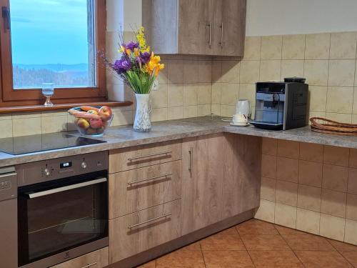 a kitchen with a vase of flowers on the counter at Wynajem Pokoi - Halina i Wiesław Furczoń in Groń