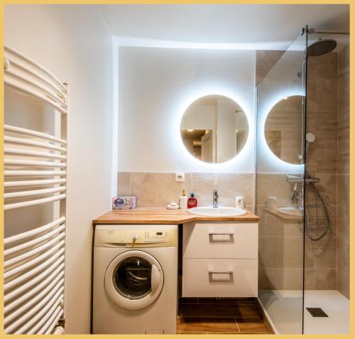 une salle de bain avec une machine à laver et un lavabo dans l'établissement Chez Manue & Ludo I T3 I Thonon, à Thonon-les-Bains