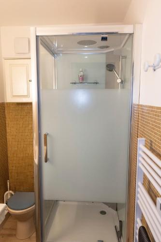 La salle de bains est pourvue d'une douche en verre et de toilettes. dans l'établissement Agréable Studio Port Leucate, à Leucate-Plage
