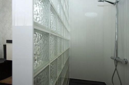 a shower in a bathroom with a glass wall at Charming Villa in Linares with Private Pool in Jaén