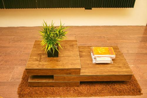 a wooden coffee table with a potted plant on it at Hotel Fountain Blu in Abeokuta