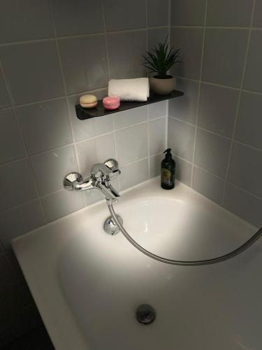 a bathroom with a bath tub with a light on it at Bodensee Strandläufer Quartier in Daisendorf