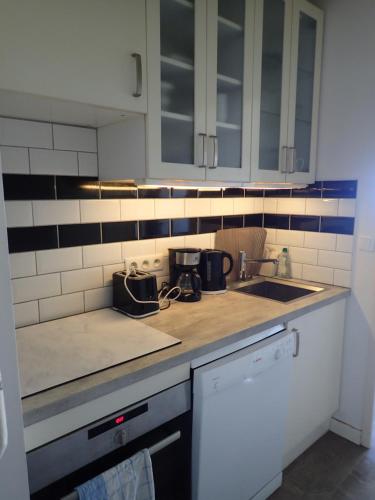 une cuisine avec un évier et un plan de travail dans l'établissement Duplex vue sur mer, à Penthièvre