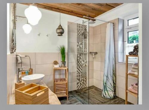 a bathroom with a shower and a sink at Landhaus am Schloss in Küps