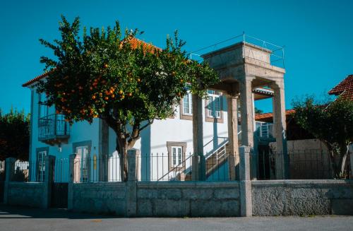 an orange tree in front of a white building at Casa do Poço - Serra da Estrela in Seia