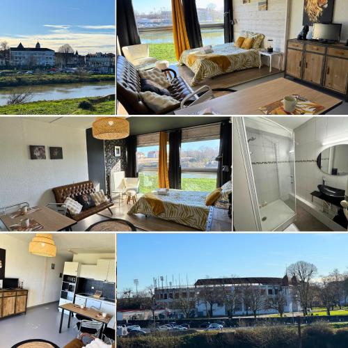 un collage de photos d'une chambre et d'un salon dans l'établissement Majestic - Wifi - Parking - Vue, à Dax