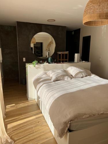 - un grand lit dans une chambre avec un grand miroir dans l'établissement Séjour en Provence, à Pierrevert